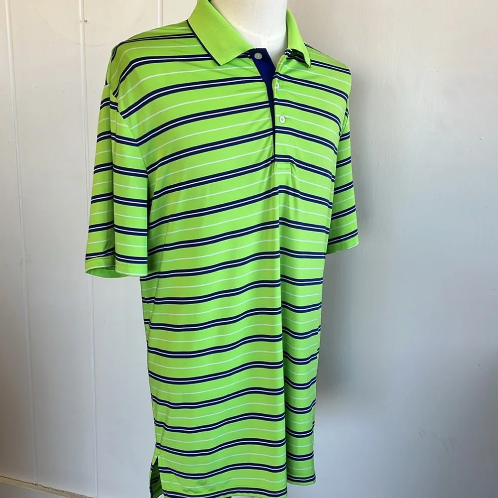 RLX Ralph Lauren Golf Polo Blue & Lime Green Stripes S/S Logo on Sleeve Men XL
